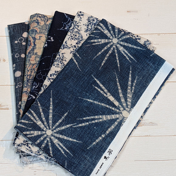 古布の再現布6枚組セットA（藍）Reproduced vintage fabric set A(Indigo blue) 48x50cm 6pcs